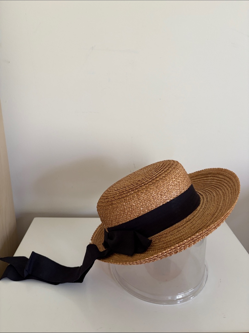 Vintage Girl’s Straw Boater Hat with Black Ribbon